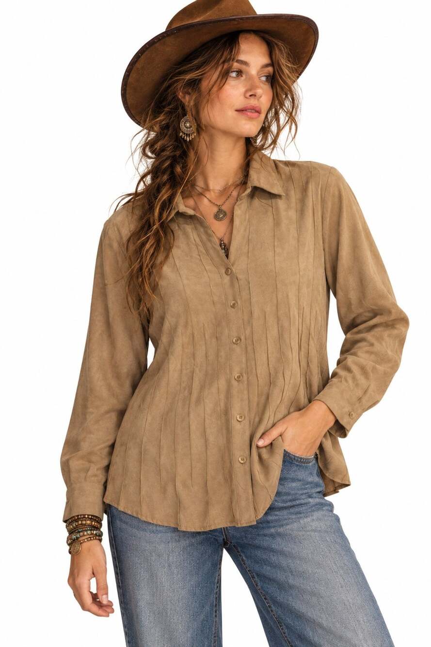 Lemon Grass Women’s 2X Tan Faux Suede Button Down Blouse Western Boho Pintuck